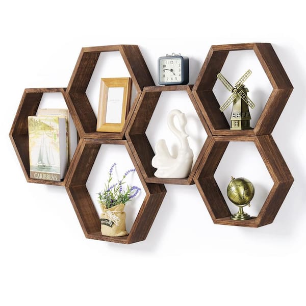 Unbranded 12 in. W x 15 in. D Brown Wood Floating Shelves Set of 6 Farmhouse Honeycomb Wall Storage Shelf Display