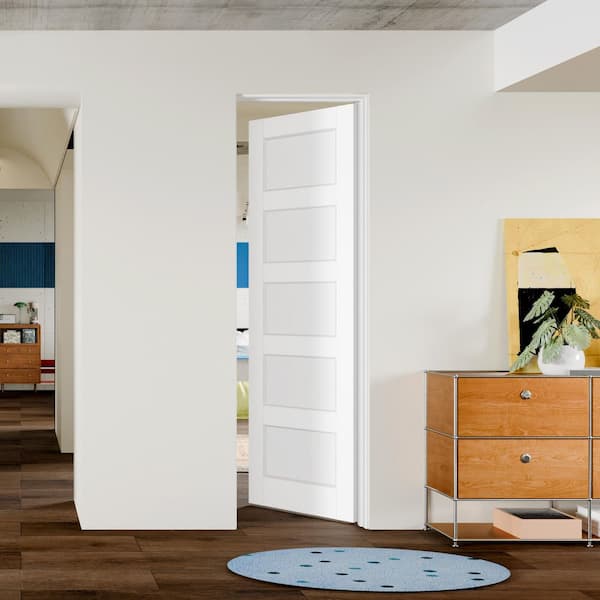 32 in. x 80 in. 5-Panel, White Primed, Solid Wood & MDF Prehung Interior Door Right-Handed with Door Jamb and Hardware
