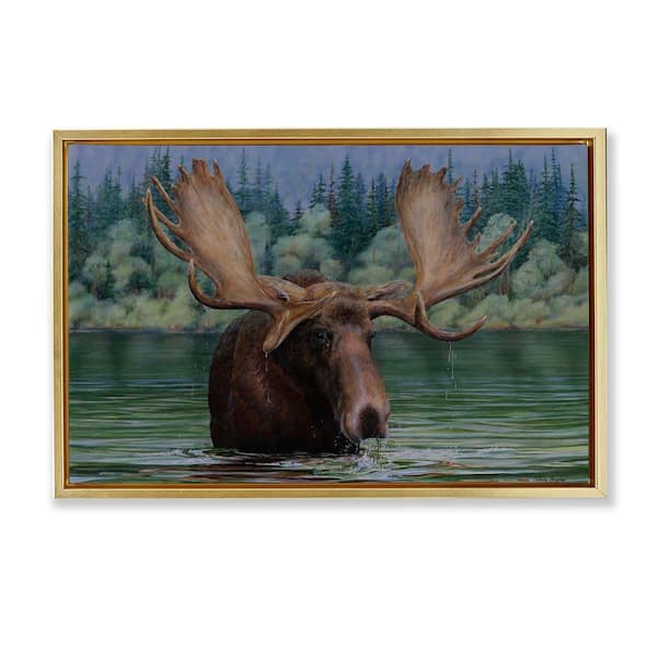 Stupell Industries Moose Swimming in Lake by Valerie Rogers Gold Floater Frame Animal Graphic Art Print 17 in. x 25 in.