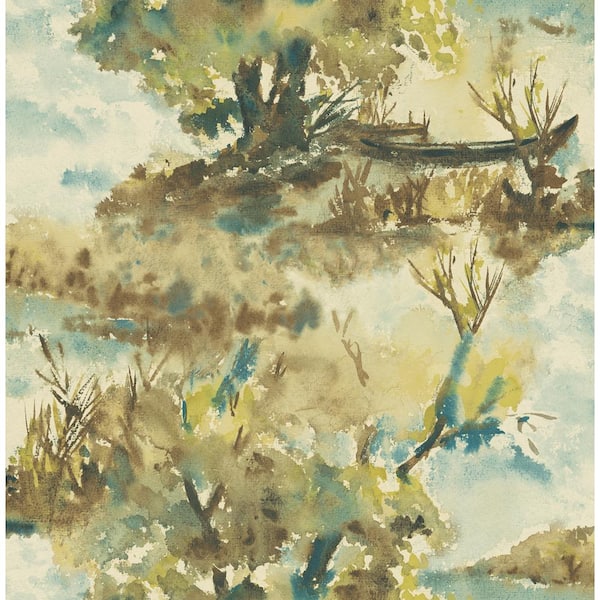 Seabrook Designs Attersee Trees Ocean Blue, Brown, and Yellow Paper Strippable Roll (Covers 56.05 sq. ft.)