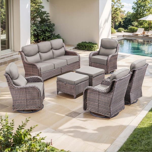 NovaSwivel Brown 7-Piece Wicker Patio Conversation Swivel Glider Set Outdoor Seating Set with 6 in. Gray Cushions