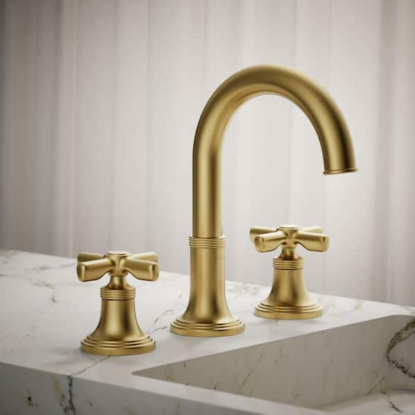 Paces 8 in. Widespread Double Handle Bathroom Faucet with Cross Handles in Vibrant Brushed Moderne Brass