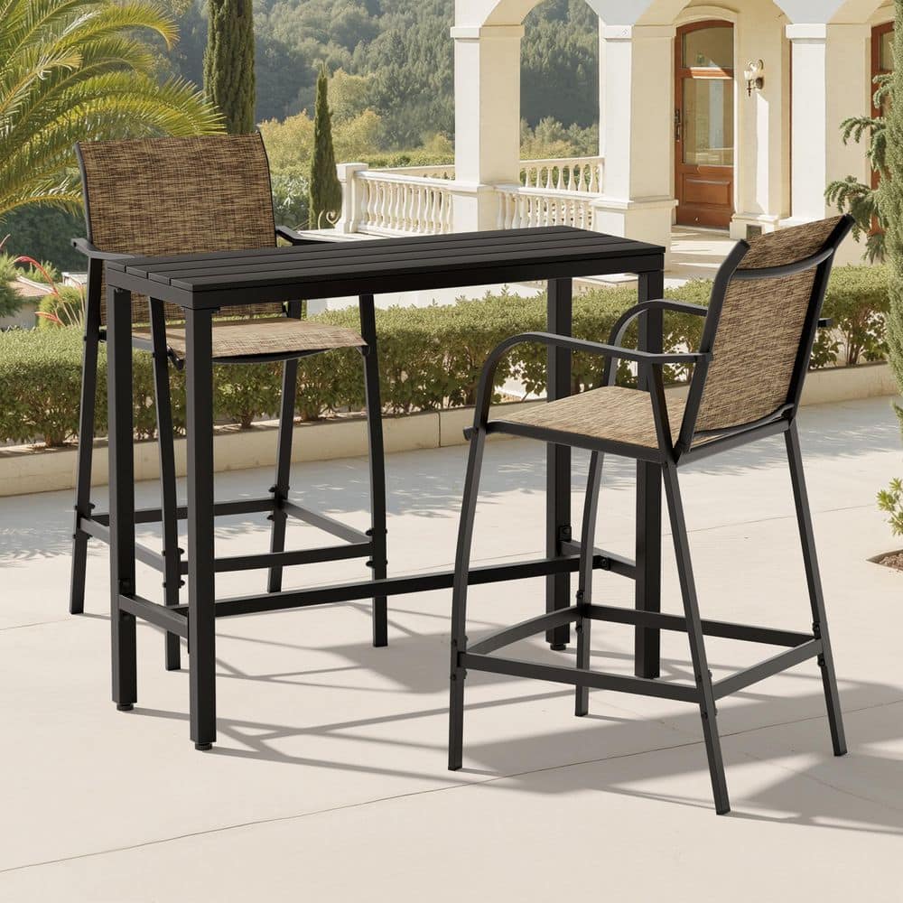 3-Piece Black Metal Outdoor Bistro Set Patio Bar Set Table with WPC Tabletop and Stools with Textilene Fabric in Earth price history on PriceWatchPro