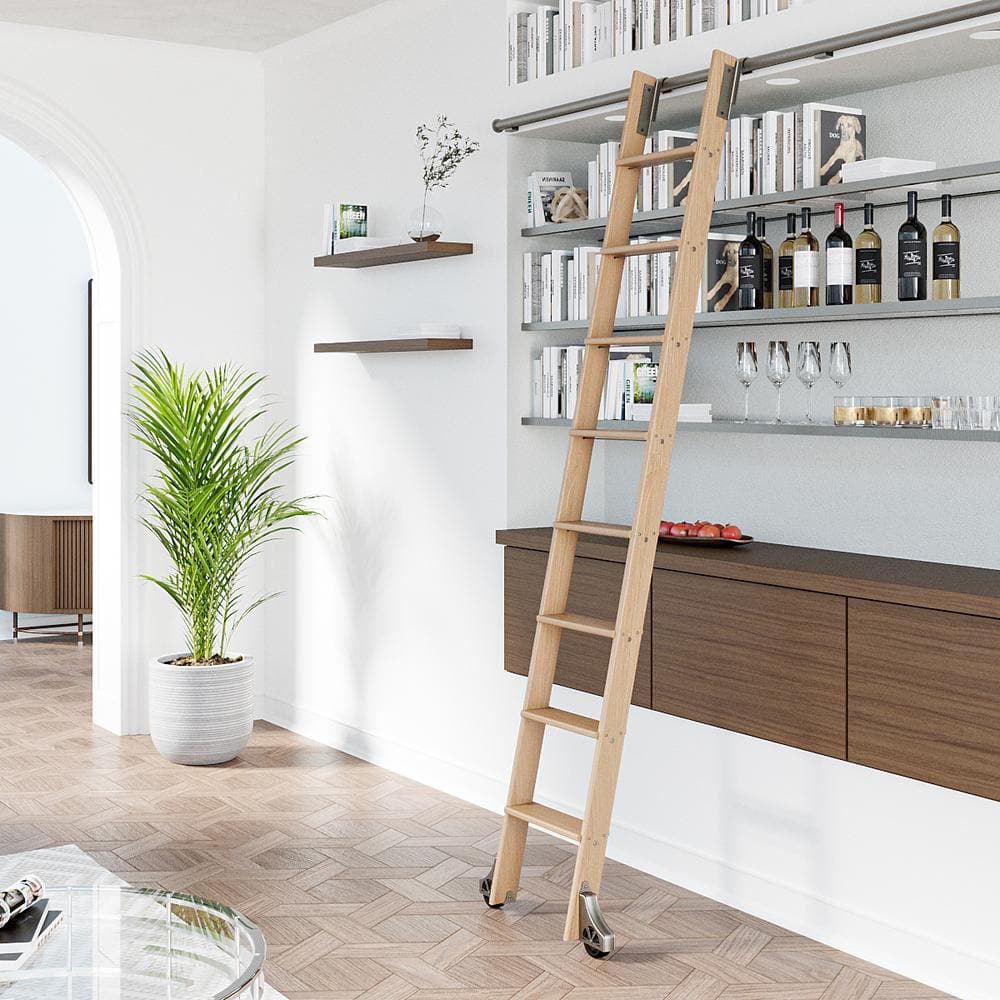 107 in. Clear Pre-Finished Red Oak Library Ladder (119 in. Reach) Satin Nickel Top Hook Ladder Kit with 12 ft. Rail price history on PriceWatchPro
