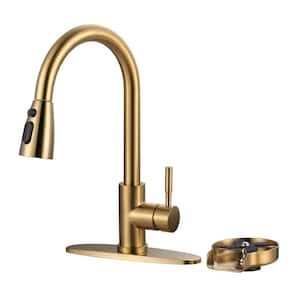 Single Handle Pull Down Sprayer Kitchen Faucet with Deckplate and Glass Rinser in Brushed Gold