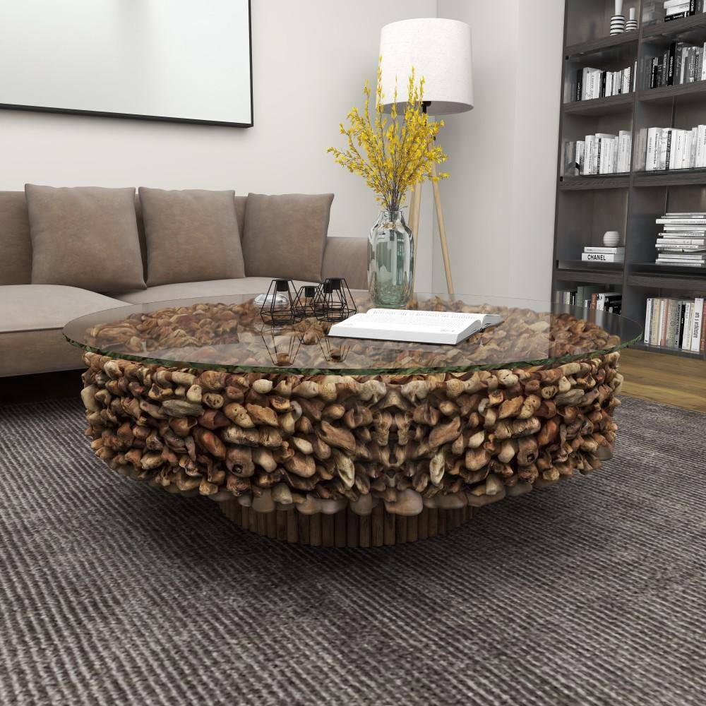 Handcrafted Driftwood Round Coffee Table with Glass Top, 48" Brown
