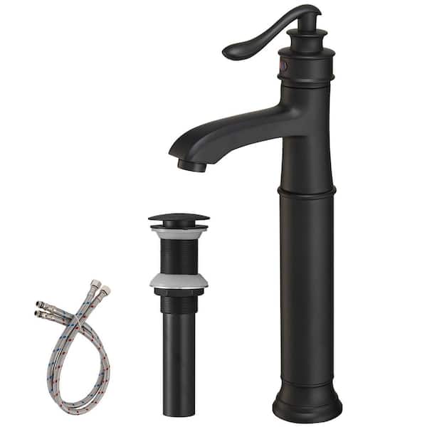 Unbranded Single Handle Bathroom Vessel Sink Faucet with Drain Assembly Brass 1 Hole High Tall Bathroom Basin Taps in Matte Black
