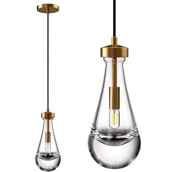 YUYI 1-Light Modern Copper Chandelier, Pendant Light Kitchen Island with Raindrop Glass Shade, 1-Set
