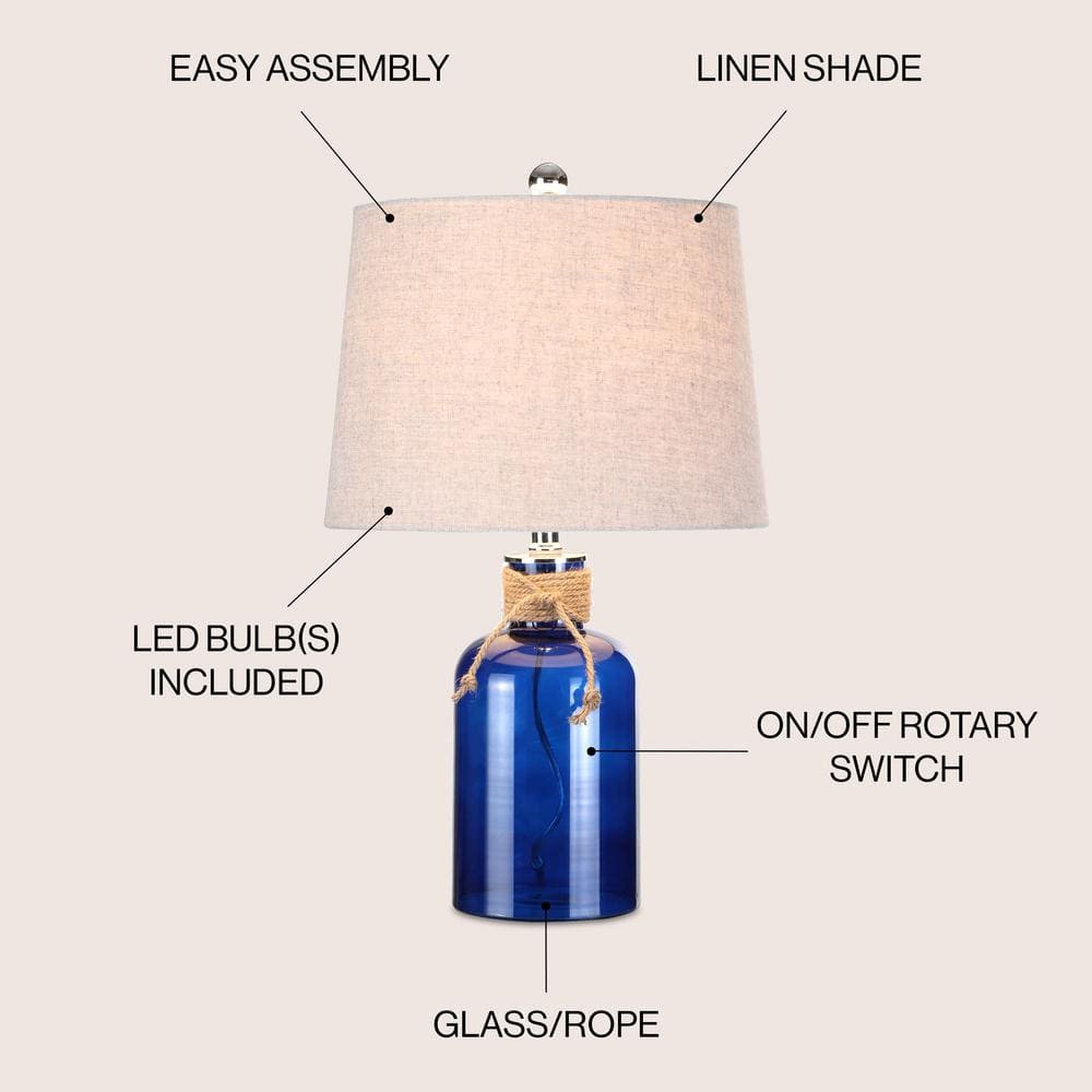 Azure Blue Glass Bottle Table Lamp with Linen Shade