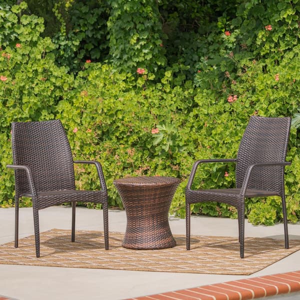 Noble House Crawford Multi-Brown 3-Piece Faux Rattan Patio Conversation Set