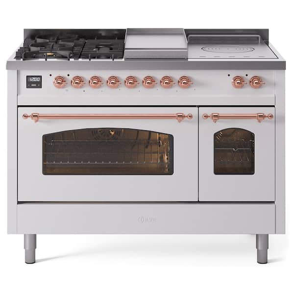 ILVE Nostalgie II 48 in. 5-Burner/Frenchtop/Griddle Freestanding Double Oven Dual Fuel Range in White with Copper