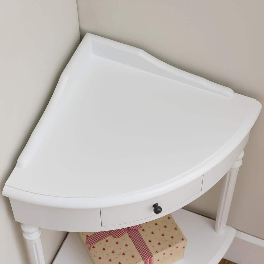 White Triangular Solid Wood Corner Table with Storage Drawer