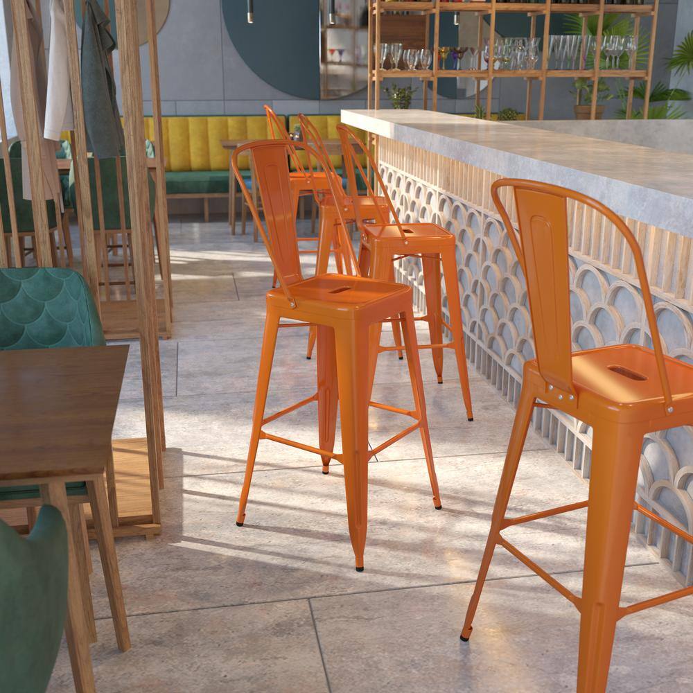 Bright Orange Metal 30" High Indoor-Outdoor Barstool with Slat Back