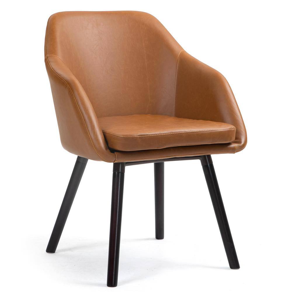 Caramel Brown Faux Leather Wood Accent Armchair, Set of 2