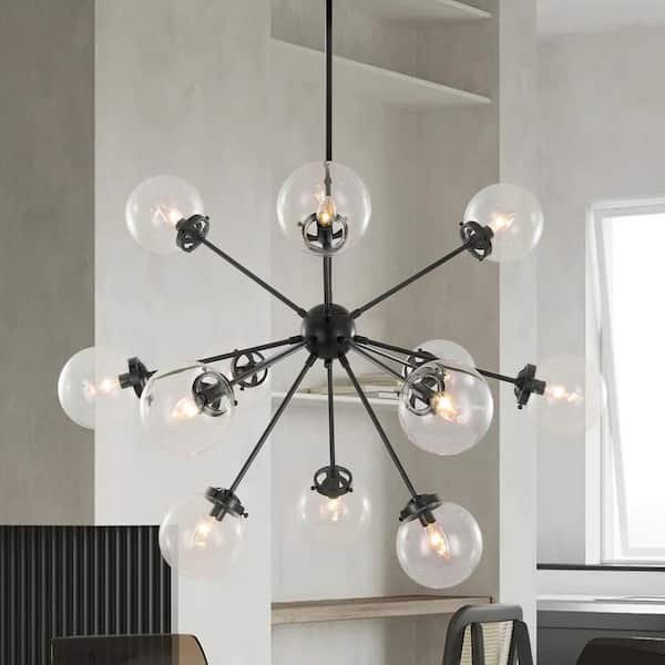 HUOKU CEDER 12-Light 39.4 in. W Black Chandelier with Globe Clear Glass Sputnik Mid-Century Chandelier for Dining Room