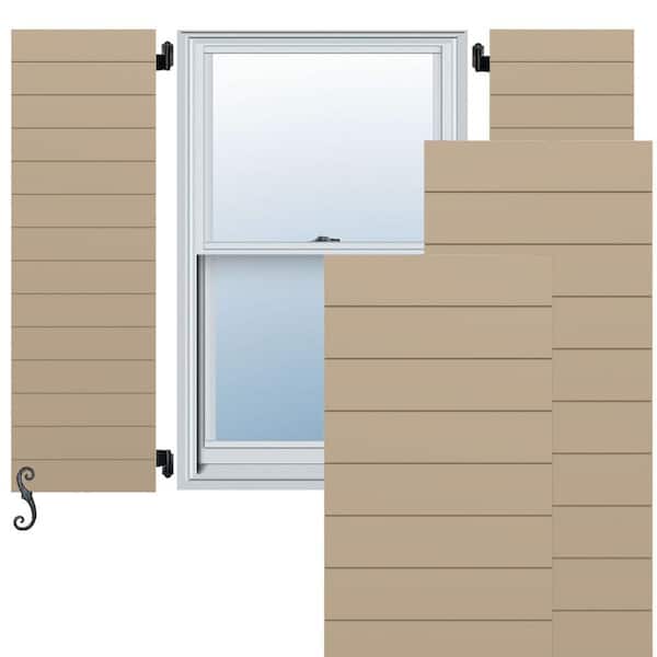Ekena Millwork EnduraCore Horizontal Slat Modern Style 18-in W x 32-in H Raised Panel Composite Shutters Pair in Primed