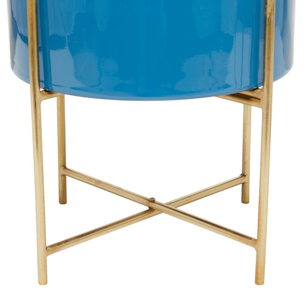 Modern Blue and Gold Metal Round Planters with Stand, Set of 2