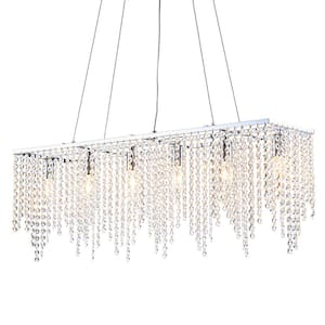 6-Light 32 in. Rectangular Chrome Finish Chandelier with Clear Crystal for Dining Room Kitchen Islands without Bulbs
