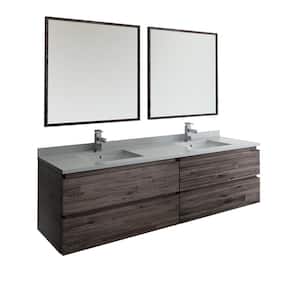 Formosa 72 in. Modern Double Wall Hung Vanity in Warm Gray with Quartz Stone Vanity Top in White w/ White Basins, Mirror