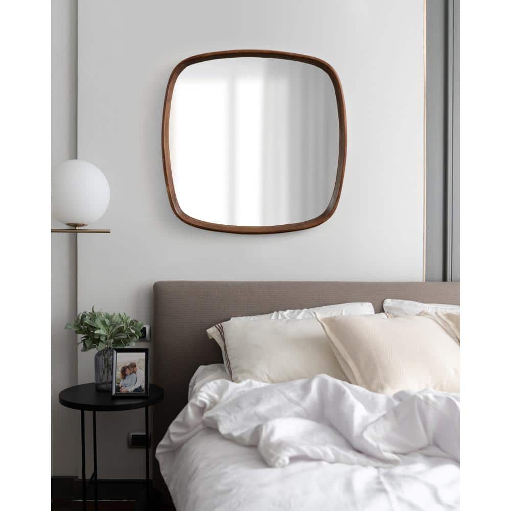 Prema 26" Square Modern Walnut Brown Mango Wood Wall Mirror