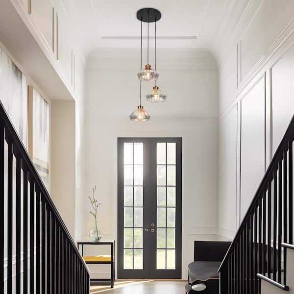 Modern 17.7 in. 3-Light Black and Plated Brass Chandelier with Textured Glass Shades Kitchen Island Ceiling Light