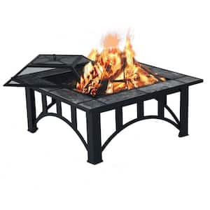 32 in. W x 18 in. H Square Antique Finish Wood Burning Outdoor Fire pit with Spark Screen Waterproof Cover Poker
