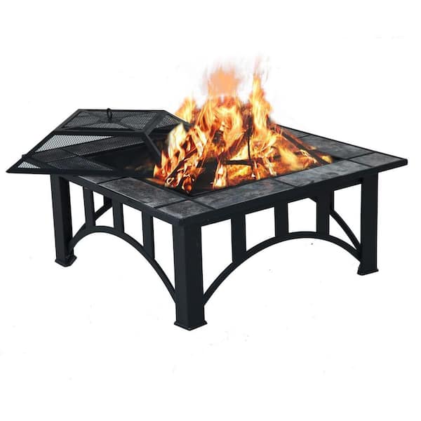 Wildaven 32 in. W x 18 in. H Square Antique Finish Wood Burning Outdoor Fire pit with Spark Screen Waterproof Cover Poker