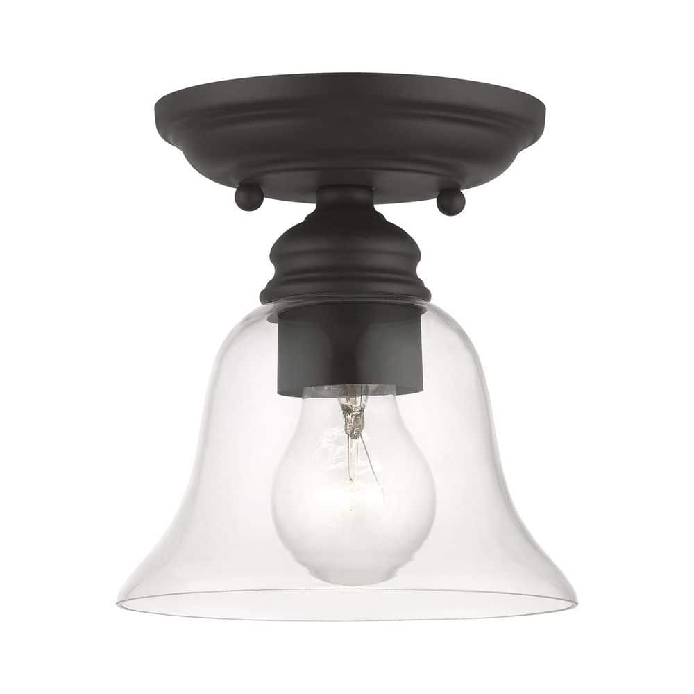 Livex Lighting Moreland 6.25 in. 1-Light Black Small Semi-Flush Mount with Hand Blown Clear Glass