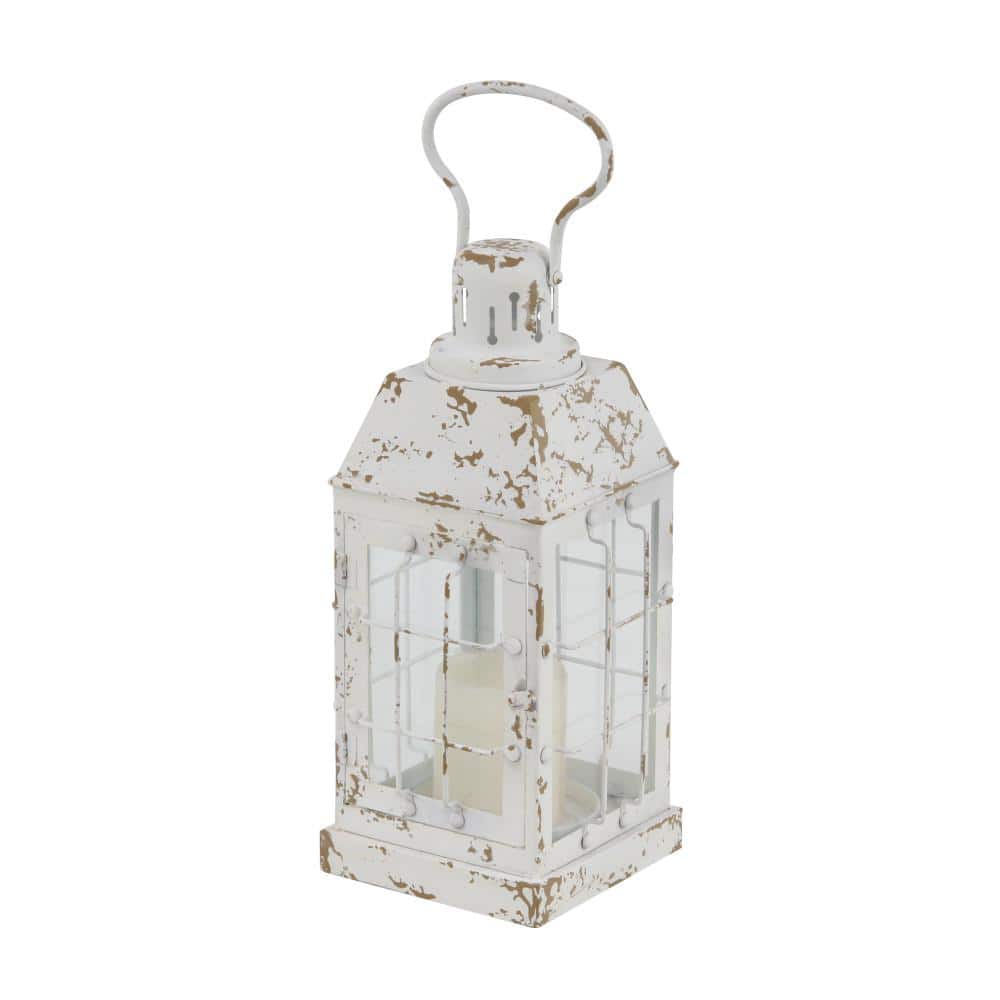 Vintage White Metal Candle Lantern with Distressed Finish - 7"x14"
