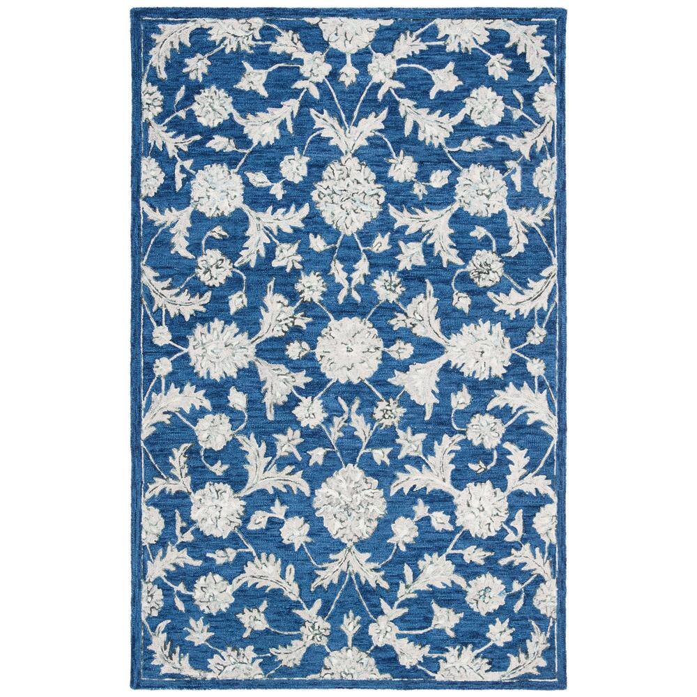 Navy and Grey Hand-Tufted Wool Floral 4' x 6' Rug