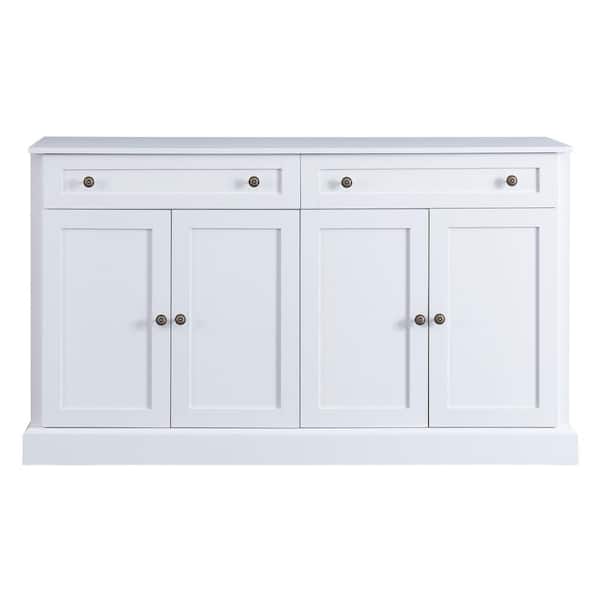 58.30 in. W x 15.80 in. D x 33.90 in. H White Linen Cabinet Sideboard with 2 Drawersand4 DoorsandAdjustable Shelves