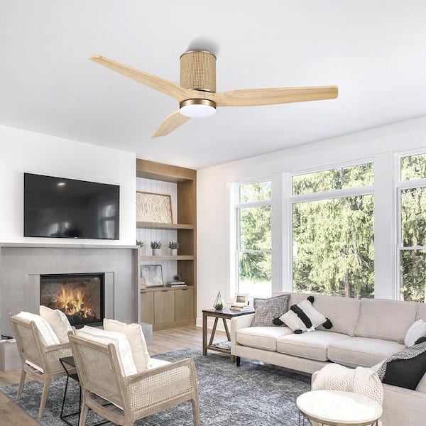 52 In. 3 Solid Wood Blades Flush Mount Standard Ceiling Fan with Light Kit  Remote Gold and Wood