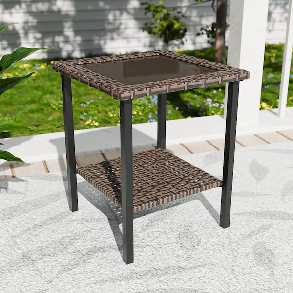 Outdoor Brown Square Wicker Side Table, Patio Coffee Table with Glass Tabletop