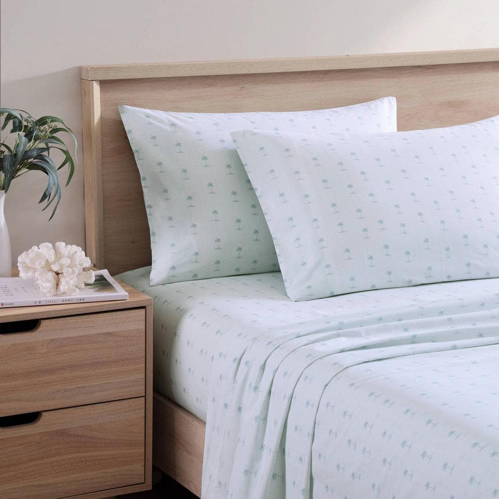 Kew Palms Blue Queen Cotton Percale Sheet Set