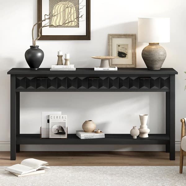 60 in. Black Rectangle MDF Console Table with Drawers Honeycomb Design