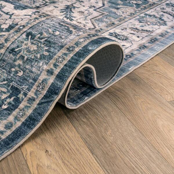 Vintage Medallion Coastal Blue Machine Washable Non-Slip Backing 2 ft. x 10 ft. Blue Area Rug