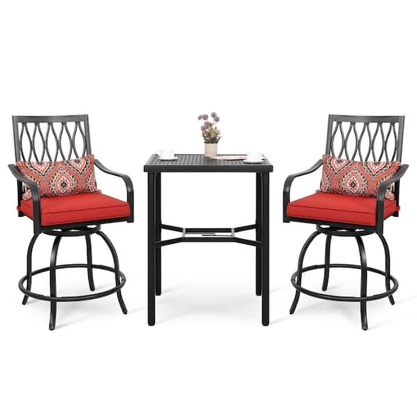 Black 3-Piece Metal Square Table Bar Height Patio Outdoor Dining Set Bar Set with Red Cushions