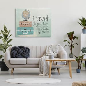 36 in. x 48 in. "Aqua Blue Travel Makes You Richer Suitcases and Globe Drawing Super Canvas Wall Art" by Katie Douette