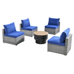 Sanibel Gray 5-Piece Wicker Outdoor Patio Conversation Chair Set with a Wood-Burning Fire Pit and Navy Blue Cushions