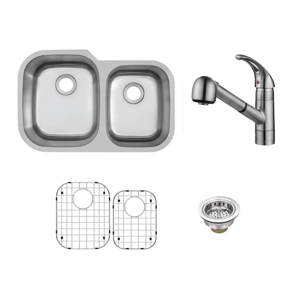 CHESHIRE 31.5 in. Undermount 60/40 Double Bowl 18-Gauge Stainless Steel Kitchen Sink with Pull-Out Brushed Nickel Kitchen Faucet