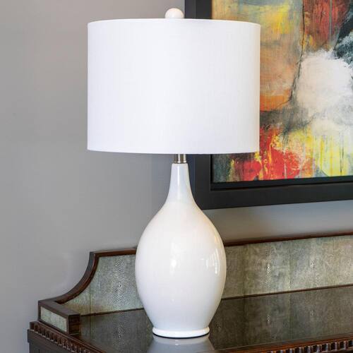 Anabelle Ceramic 27 in. White Table Lamp with Linen Shade Lamps