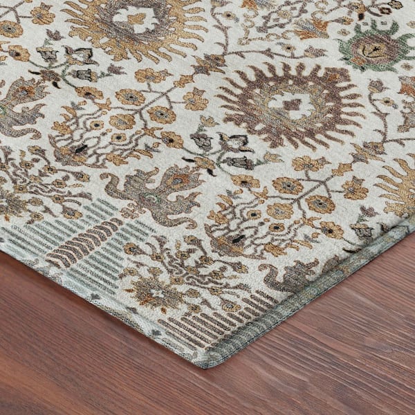 Mayfield Premium Machine Washable Abstract AMF2251 Ivory 8 ft. x 8 ft. Round Rug