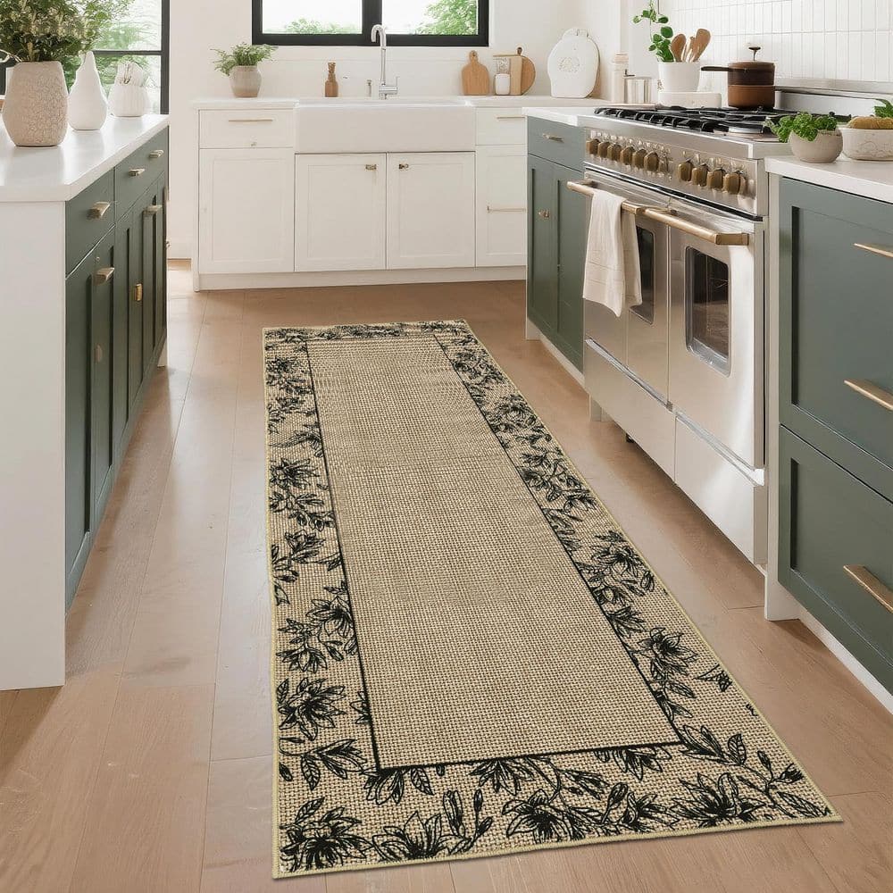 Brown 2 ft. x 6 ft. Modern Bordered Print Rug Non-Slip Non-Linting for ...