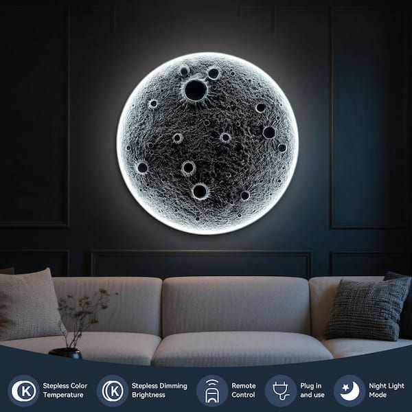 GOGEXX 32 in. x 32 in. Gray Realistic Resin Moon Dimmable LED Wall