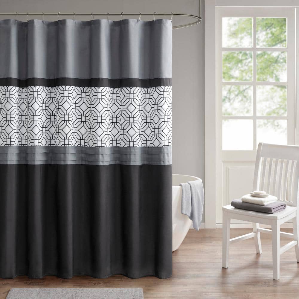 Black and Gray Geometric Embroidered Fabric Shower Curtain with Liner
