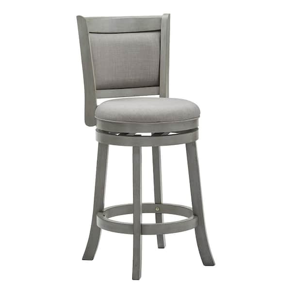 HomeSullivan 24.75 in. Antique Grey Finish Grey Upholstered Back Wood Frame Swivel Counter Height Stool