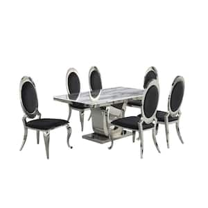 Ada 7-Piece White Marble Top With Stainless Steel Base Table Set With 6 Black Velvet Oval Back Chairs