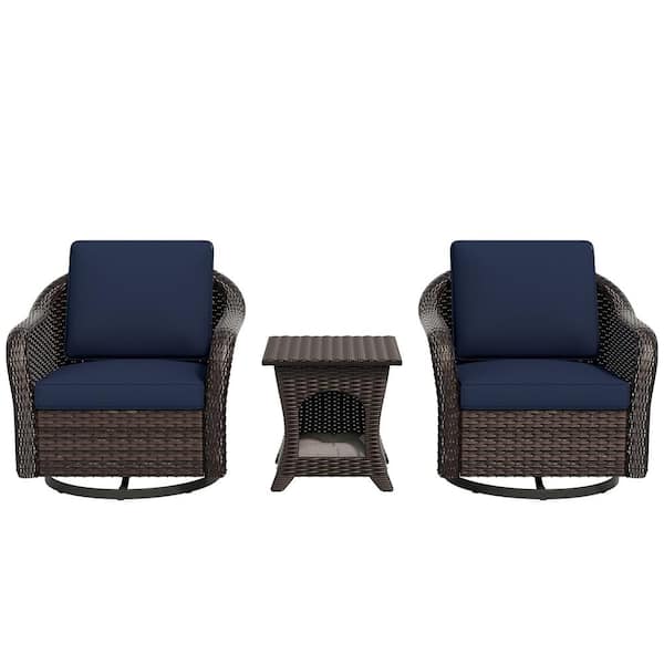 3-Piece Patio Furniture Set Outdoor Wicker Conversation with Blue Cushions and Small Pet Table