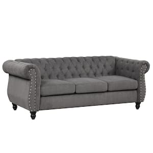 82 in. Classic Chesterfeild Dutch Plush Gray Upholstered Sofa with Buttoned Tufted Backrest and Rubber Wood Legs