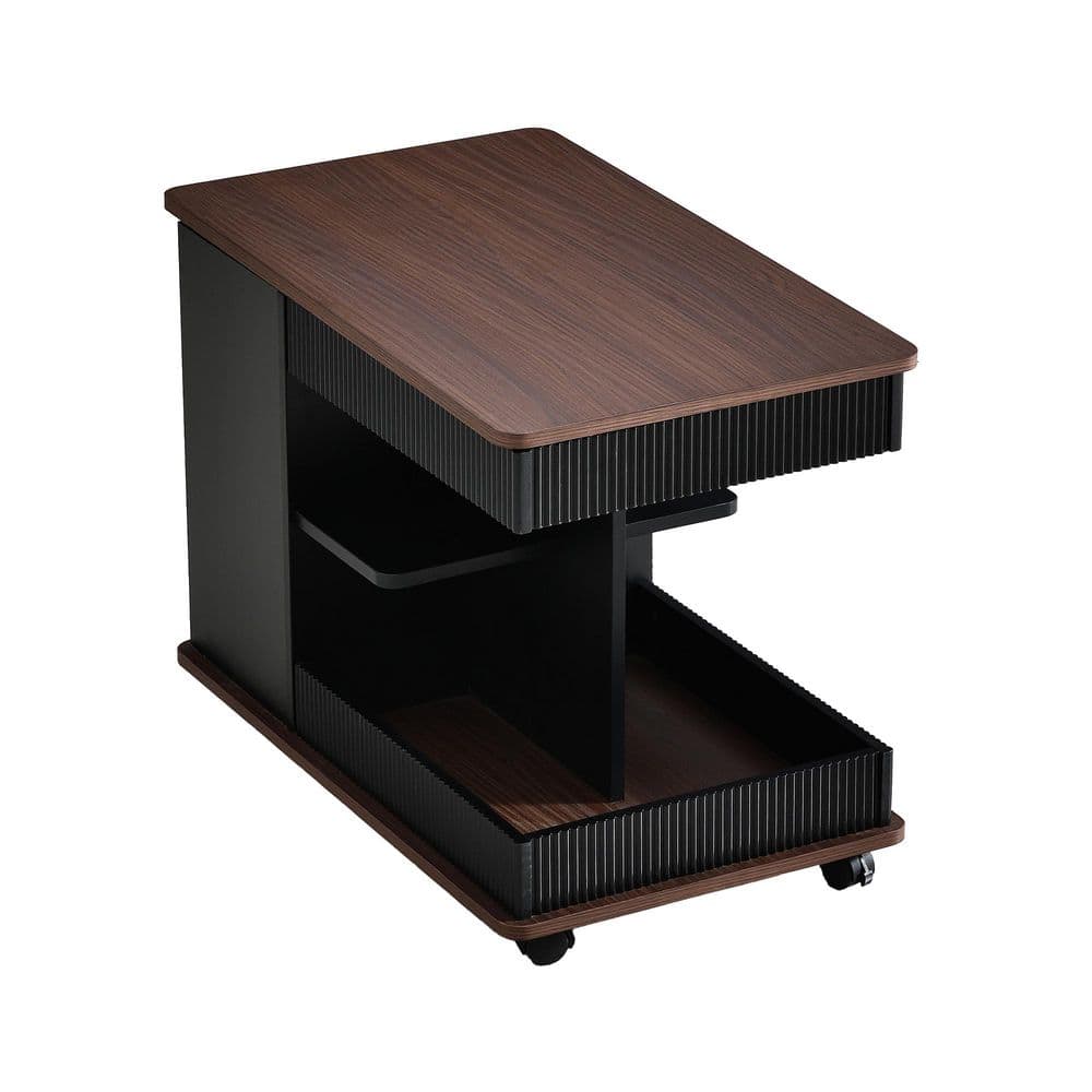White and Brown 17.7 in. Rectangle Wood Modern End Table with Wheels, 360°Rotating Top Sofa Side Table - thumbnail 5
